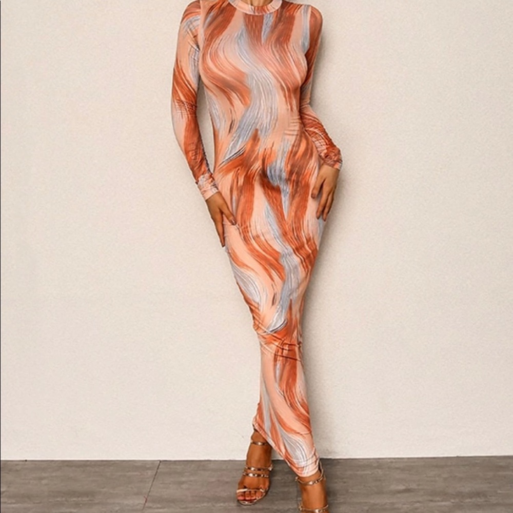 Joyfunear Abstract Print Mock-Neck Maxi Bodycon Dress